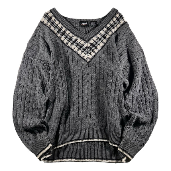 Vintage Impact Men's Cable-Knit V-Neck Golf Grandpa Pullover Sweater Gray (XL)