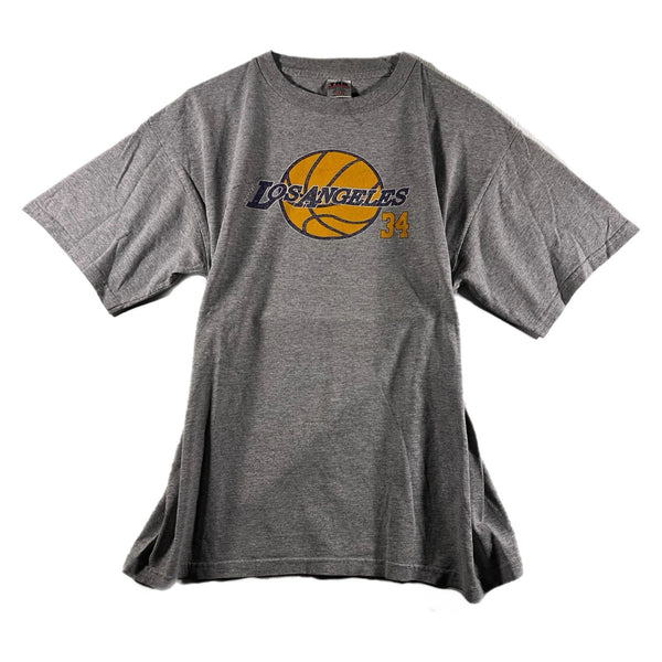 Vintage Mens Los Angeles Lakers Shaq NBA Basketball Graphic T Shirt Gray (Large)