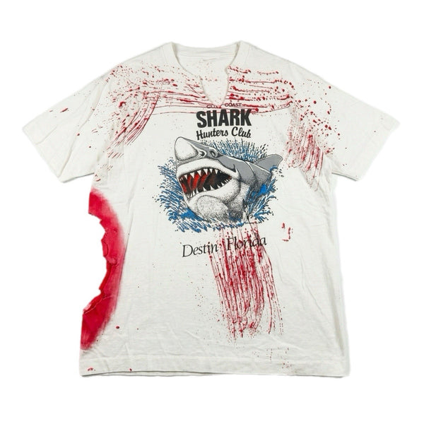 Vintage Fruit Of The Loom Men's Shark Beach Surf USA-Made Graphic T Shirt (XL)