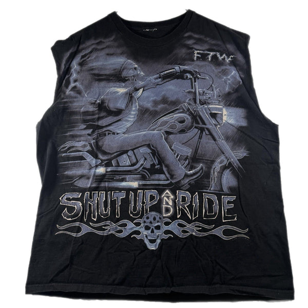 Vintage Y2K Liquid Blue Men's Motorcycle Sleeveless AOP Graphic T Shirt (XL)