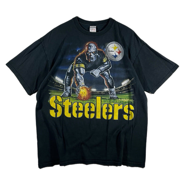 Vintage Pittsburgh Steelers NFL Chrome Robot Men's Graphic T Shirt Black (XL)
