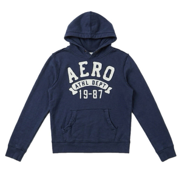 Vintage Aeropostale Men's Varsity Pullover Hoodie Sweatshirt Navy-Blue (Small)