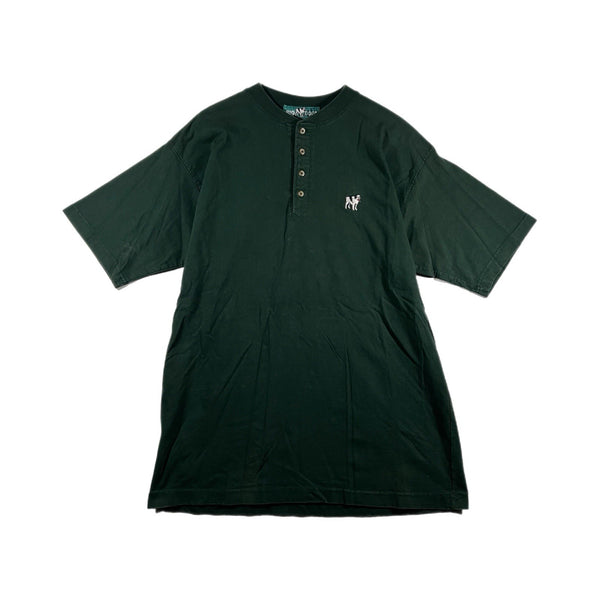 Vintage 90s Big Dogs Men's Embroidered Dog Logo Henley Shirt Green (Large)