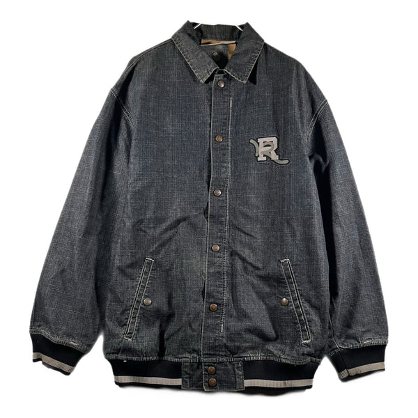 Vintage Y2K Rocawear Men's Dark-Wash Denim Spellout Jacket Rap Hip-Hop (Large)
