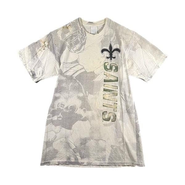 Vintage All-Over-Print New Orleans Saints Distress Single-Stitch TShirt (Medium)