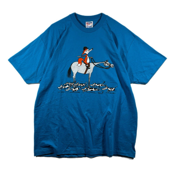 Vintage Men's Cartoon Fox Horse Dogs Single-Stitch Graphic T Shirt Blue 80s (XL)