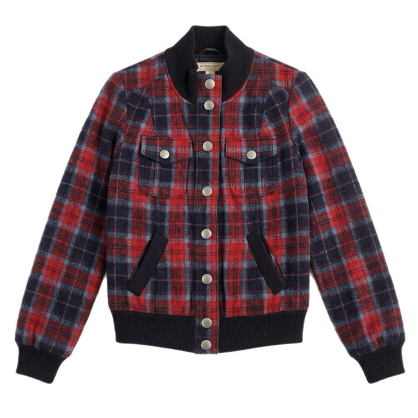 Vintage Arizona Men's Plaid Flannel Snap-Button Bomber Jacket Red/Blue (Medium)