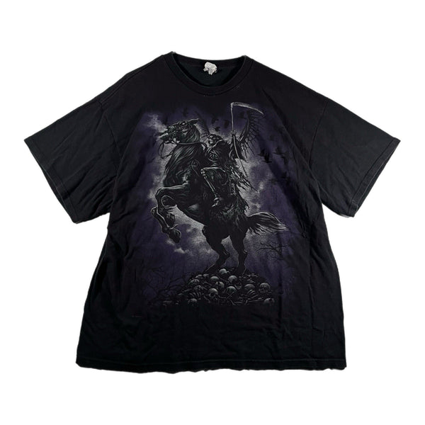 Y2K Men's Liquid Blue Reaper Skull Horse Graphic T Shirt Black/Purple (2XL)