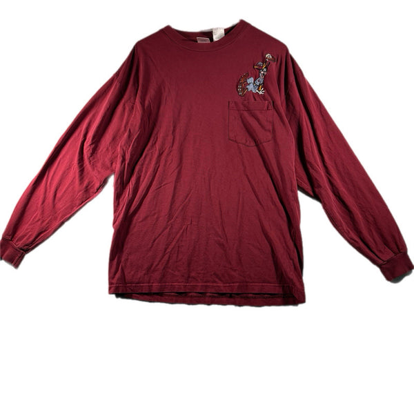Vintage Disney Men's Goofy Baseball Patch Long-Sleeve Pocket T Shirt Red (Large)