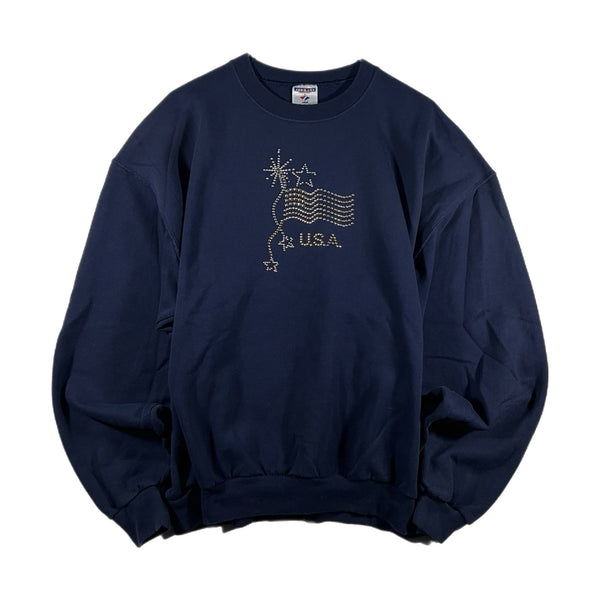 Vintage Jerzees Women's USA Flag Stars Pullover Crewneck Sweatshirt Navy (XL)