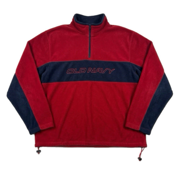 Vintage Y2K Old Navy Men's Quarter-Zip Fleece Pullover Jacket Red/Navy (2XL)