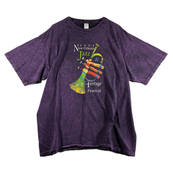 Vintage Y2K 2003 Men's New Orleans Jazz Fest Trumpet Graphic T Shirt Purple (XL)