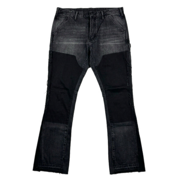 Mnml Men's Flare Designer Stacked Graphic Distressed Workwear Jeans (Size 34)