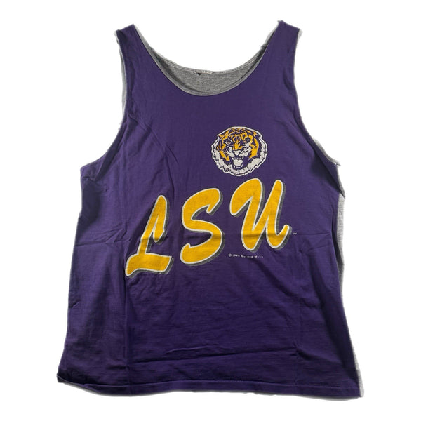 Vintage 1989 Nutmeg LSU Tigers Graphic Tank-Top Shirt Purple/Gray Rare (XL)