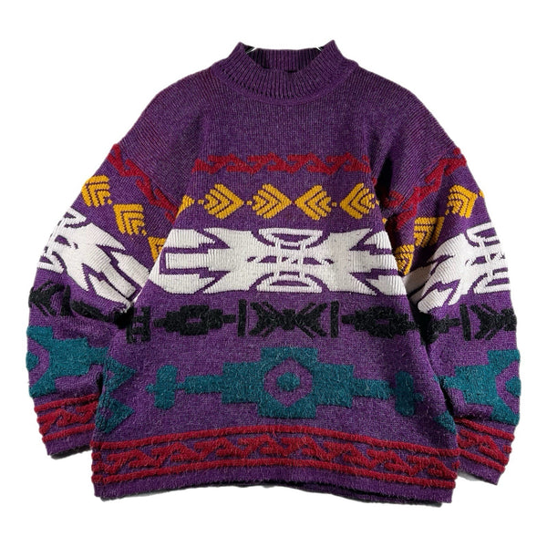 Vintage 80s French Navy Women's Rare Aztec USA-Made 3D-Knit Sweater (Large)