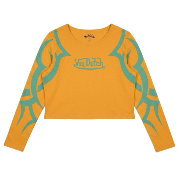 Von Dutch Women's Long-Sleeve Cropped Graphic T Shirt Yellow/Green (2XL)