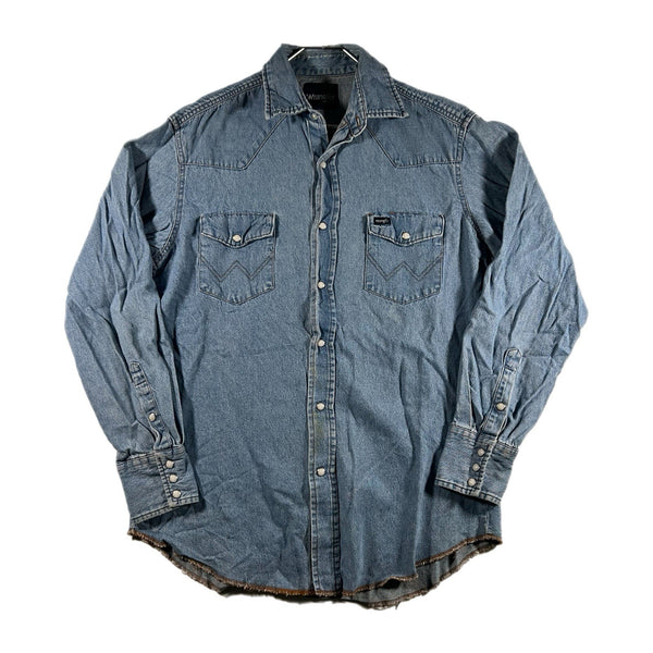 Vintage 70s Wrangler Denim Pearl-Snap Western Collared Long-Sleeve Shirt (Large)