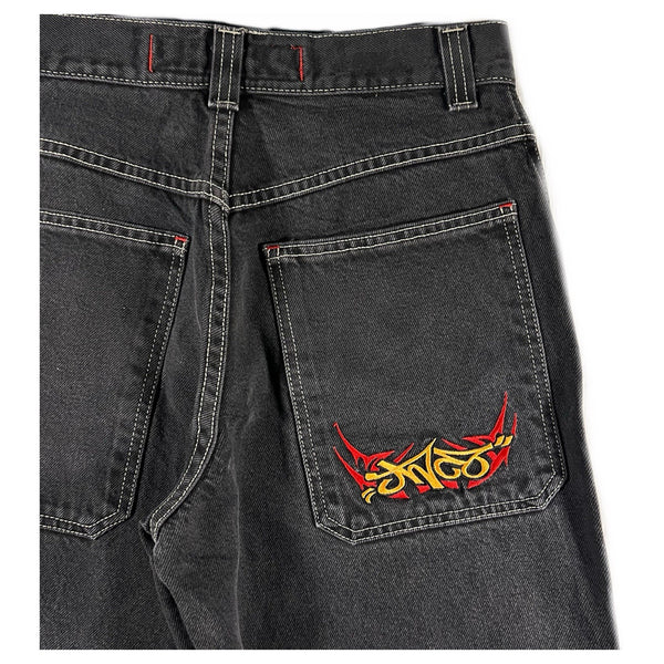 Vintage Y2K JNCO Jeans Men's Embroidered Baggy Jeans Dark-Wash RARE (Size 30x28)