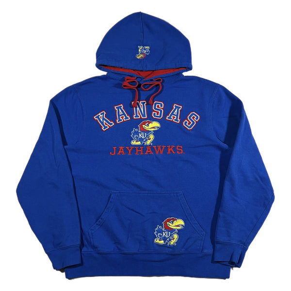 Y2K Kansas Jayhawks KU J America Youth Mascot Patch Logo Hoodie Blue (Medium)