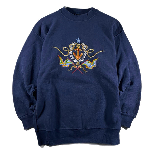 Vintage Mens Embroidery Nautical Beach USA-Made Crewneck Sweatshirt Navy (Large)