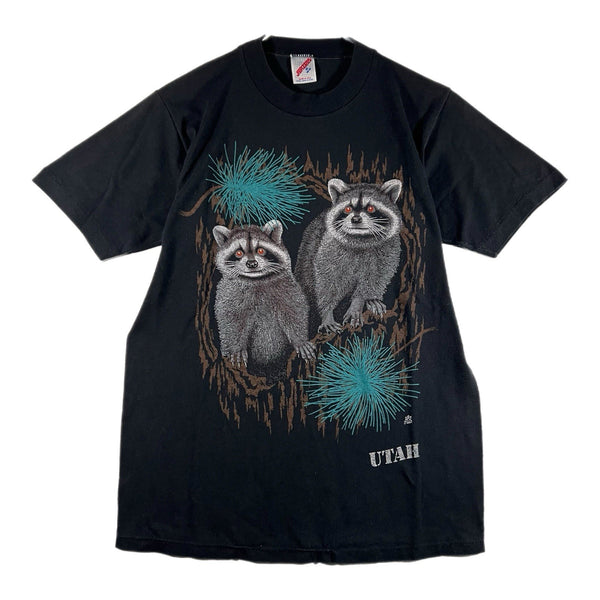 Vintage 80s Jerzees Utah Raccoon USA-Made Single-Stitch Graphic T Shirt (Medium)