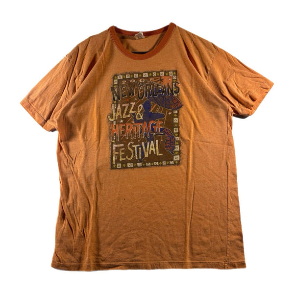 Vintage Y2K Men's New Orleans 2006 Jazz Fest Graphic T Shirt Orange (Large)