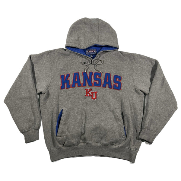 Kansas Jayhawks KU Y2K Champs Blue Red Gray Embroidered Hoodie (Small)