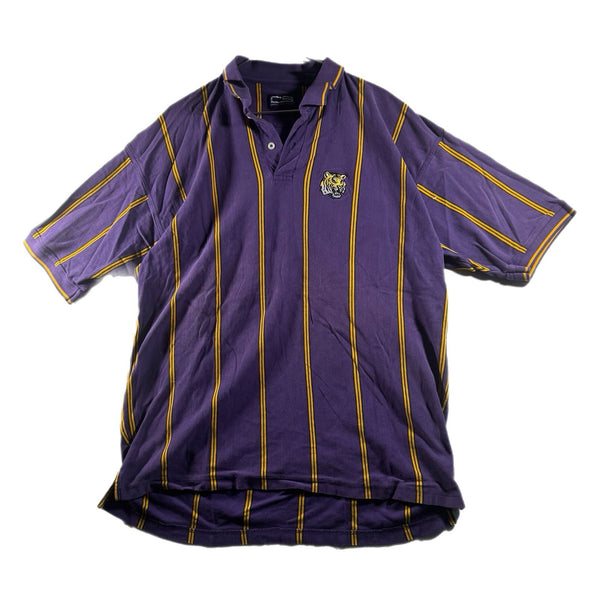 Vintage Y2K Mens LSU Tigers Striped Collared Heavy-Cotton Polo Shirt Purple (XL)