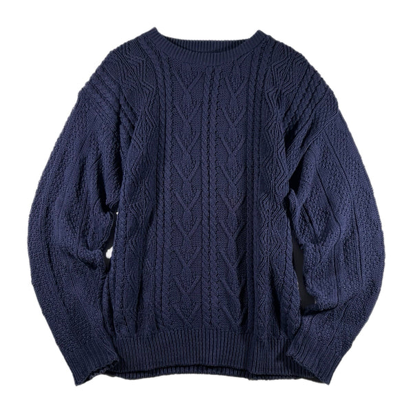 Vintage 90s Mervyns Men's USA-Made Chunky Cable-Knit Sweater Navy (Medium)