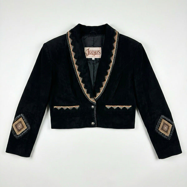Vintage Womens Diamond Leathers Aztec Cropped Button-Up USA-Made Jacket (Small)