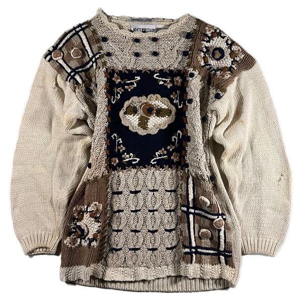 Vintage 80s White Stag Hand-Knit Women's CottageCore 3D Premium Sweater (Large)